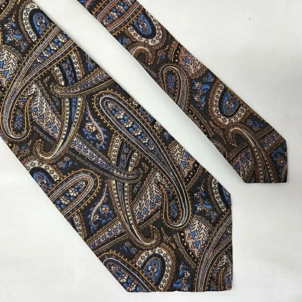 CHRISTIAN DIOR PARIS NEW YORK CRAVATES SILK TIE PAISLEY BROWN BLUE GOLD 4"